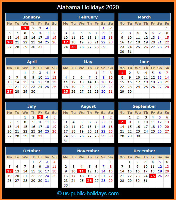 Alabama Holiday Calendar 2020